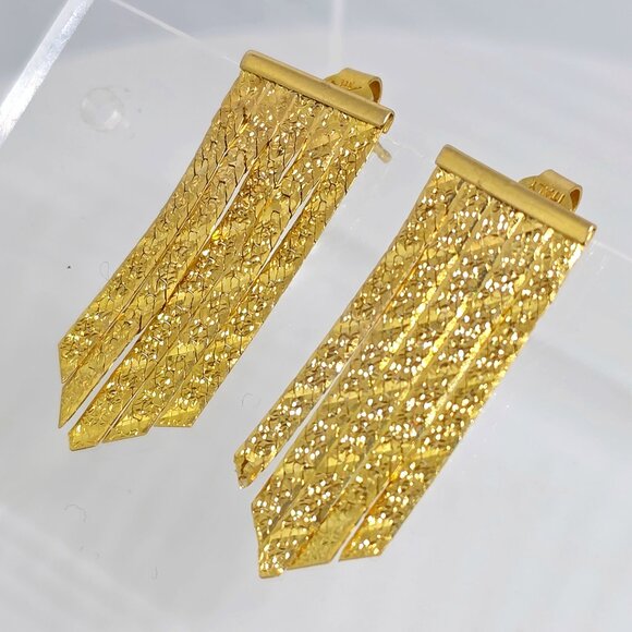 Vintage 14k Herringbone Chain Floral Pattern Chevron Dangle Italy Earrings - Picture 11 of 15